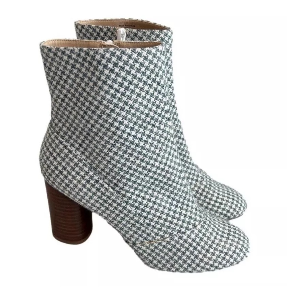 ASOS Emilia ankle boots teal white houndstooth stacked heel Size 7